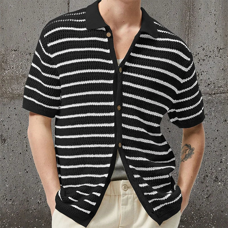 Men's knit polo shirt — open-knit texture — short sleeve vacation top