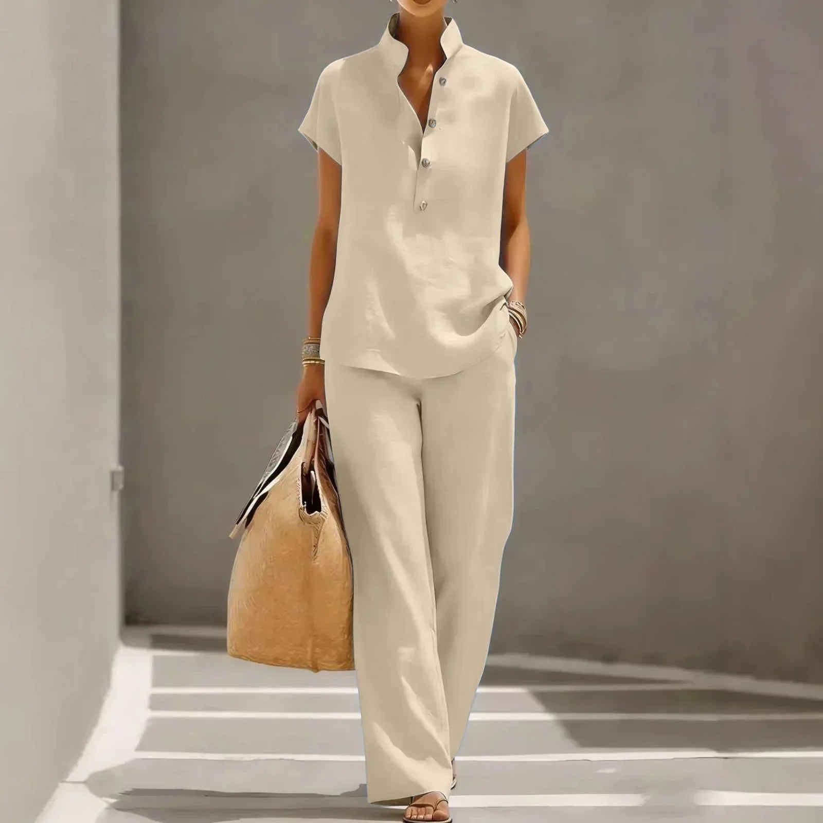 Women's two-piece set - linen cotton fabric - wide-leg pants summer