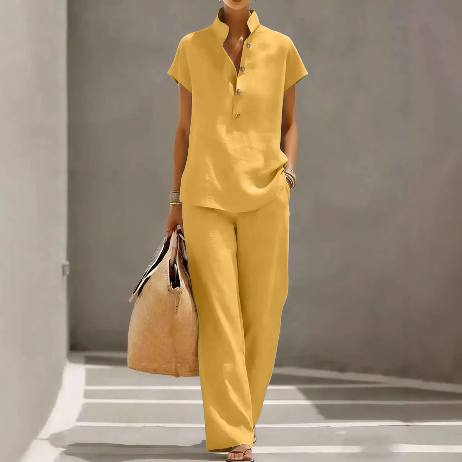 Women's two-piece set - linen cotton fabric - wide-leg pants summer