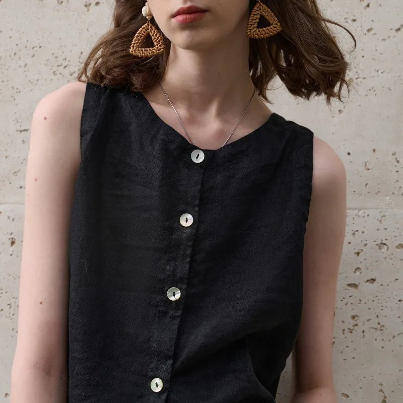 Asymmetric linen crop top for women featuring sleeveless crew neck