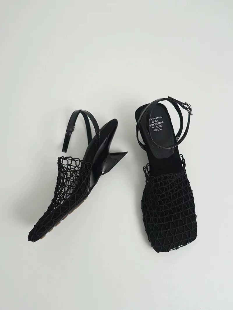 Square Toe Mesh Ankle Strap Heels