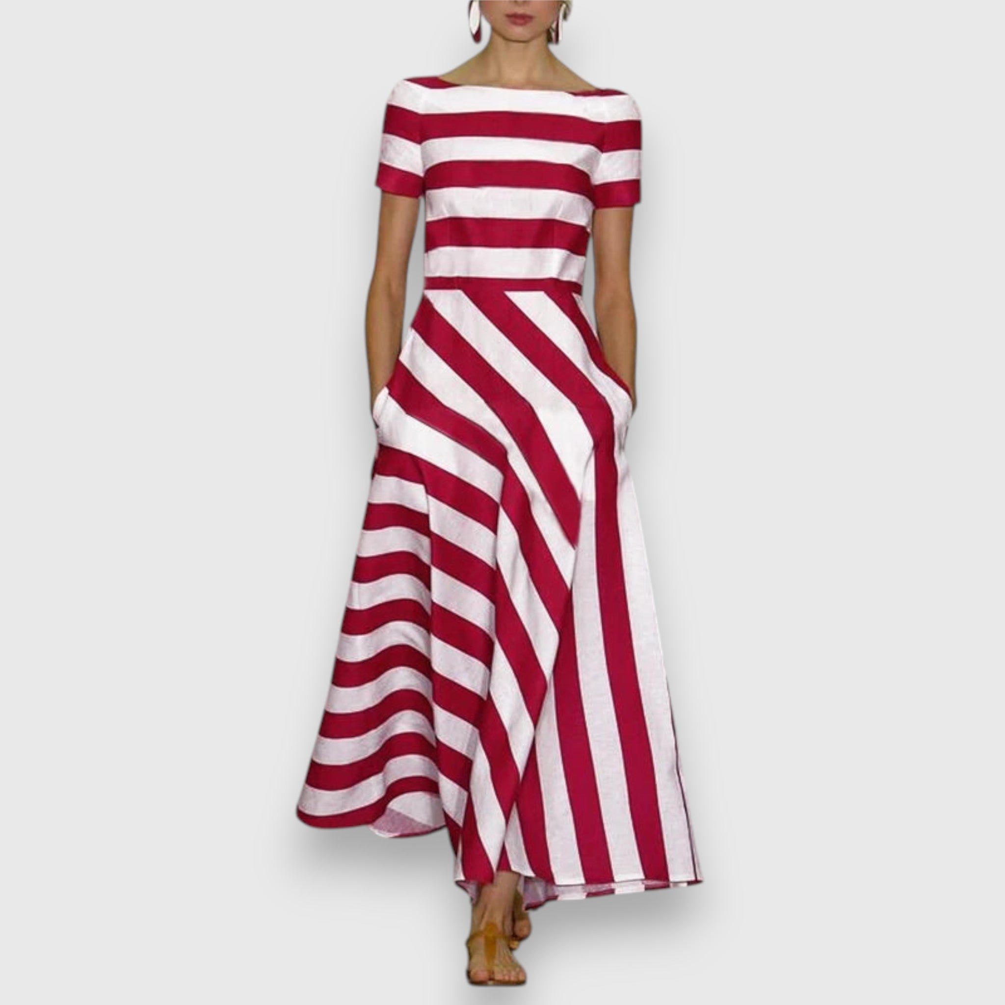 Women's striped boat neck dress — midi A-line dress with side pockets