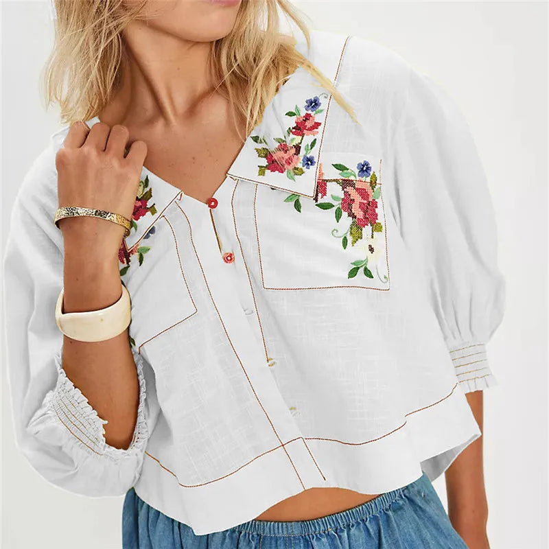 Crop top for women — linen cotton blend — floral embroidered — casual daily