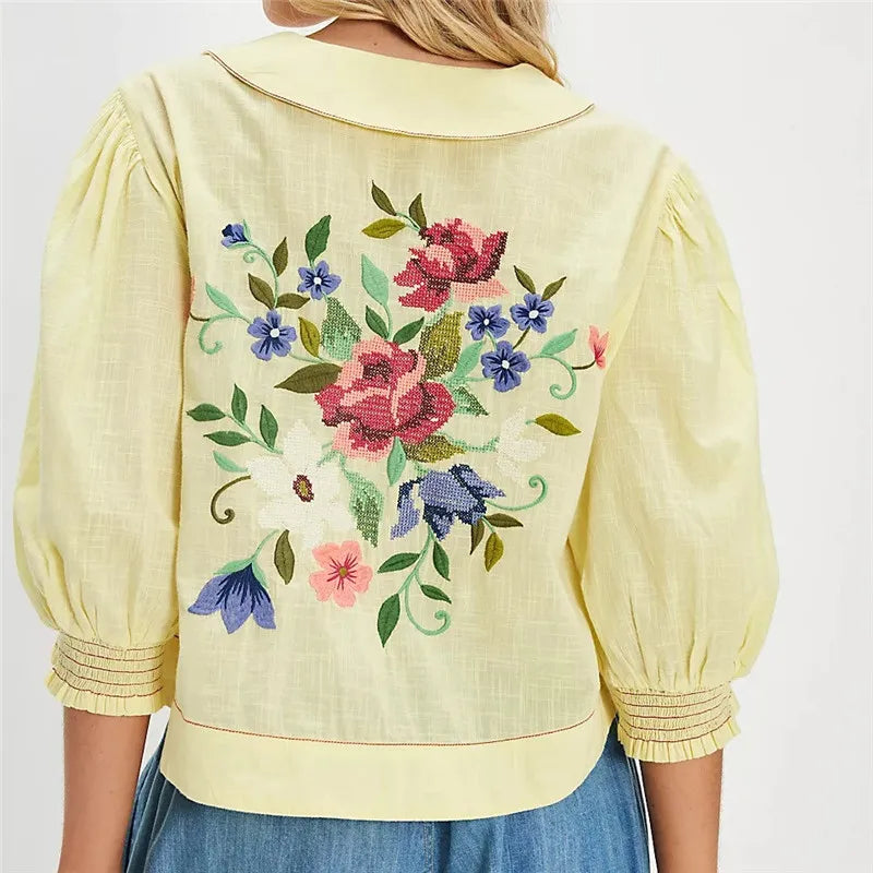 Crop top for women — linen cotton blend — floral embroidered — casual daily