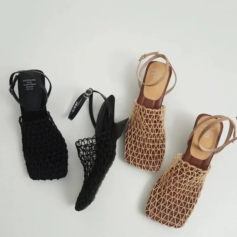 Square Toe Mesh Ankle Strap Heels