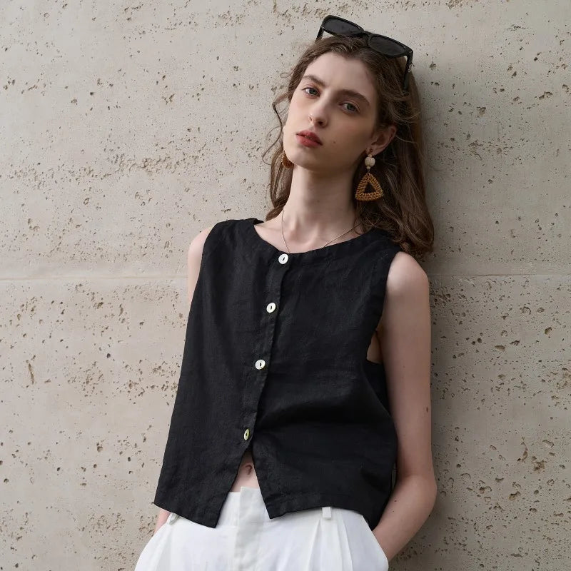 Asymmetric linen crop top for women featuring sleeveless crew neck