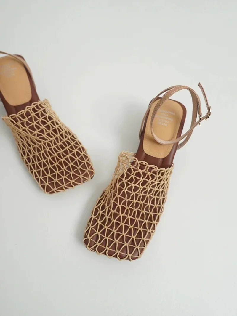 Square Toe Mesh Ankle Strap Heels
