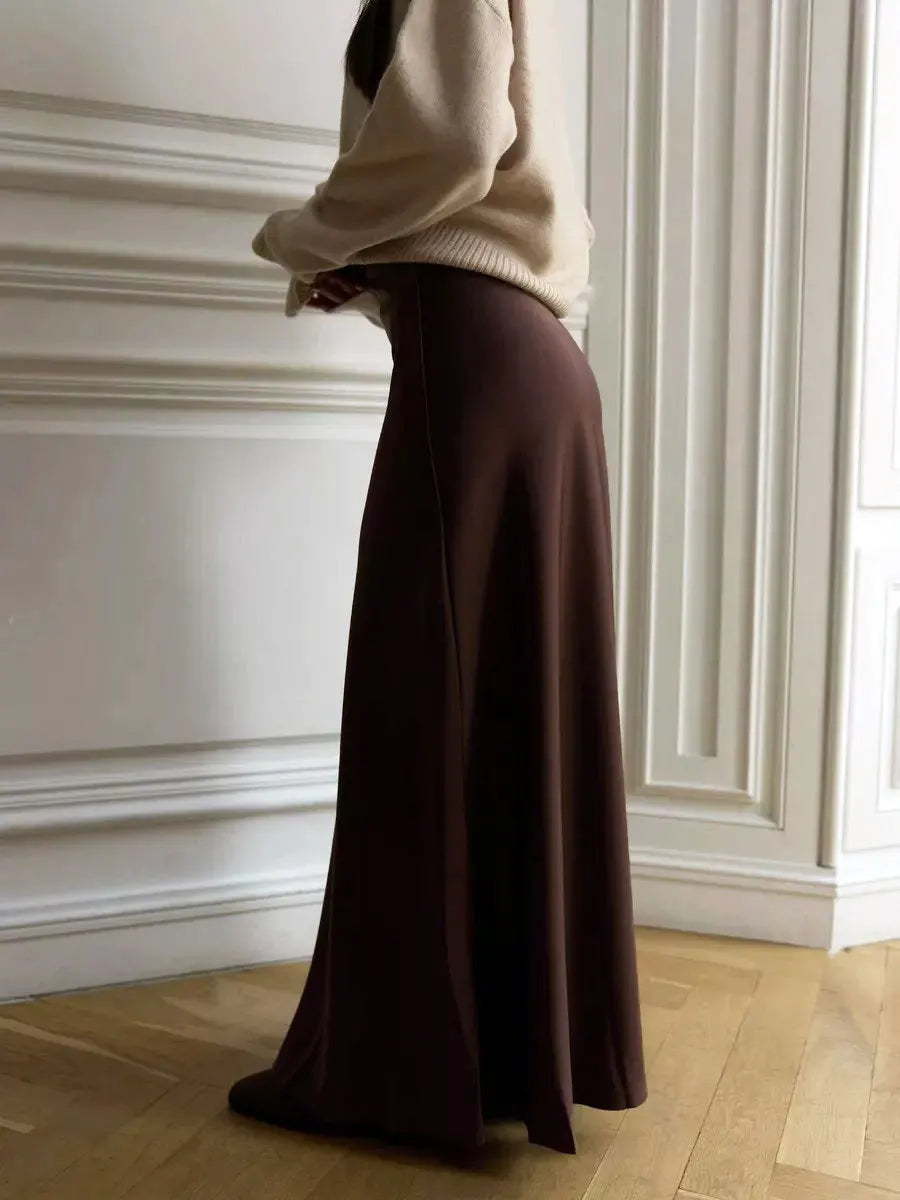 Women's satin maxi skirt — fishtail hem high waist — evening gala
