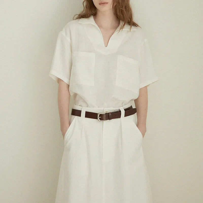 Women's linen polo shirt — loose fit short sleeve — casual daily holiday