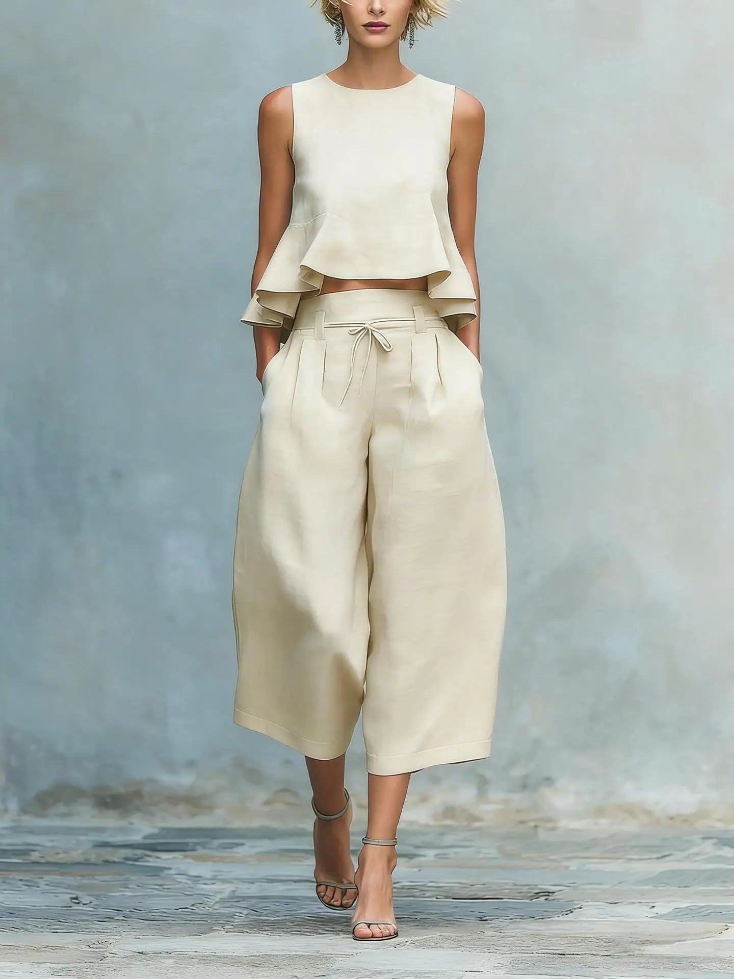 Women's crop top two-piece set | cotton linen wide leg pant suit