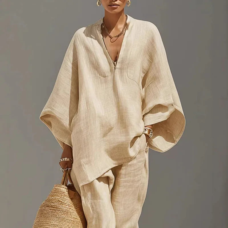 Women's matching set - sexy loose V-neck pullover - tapered pants resort