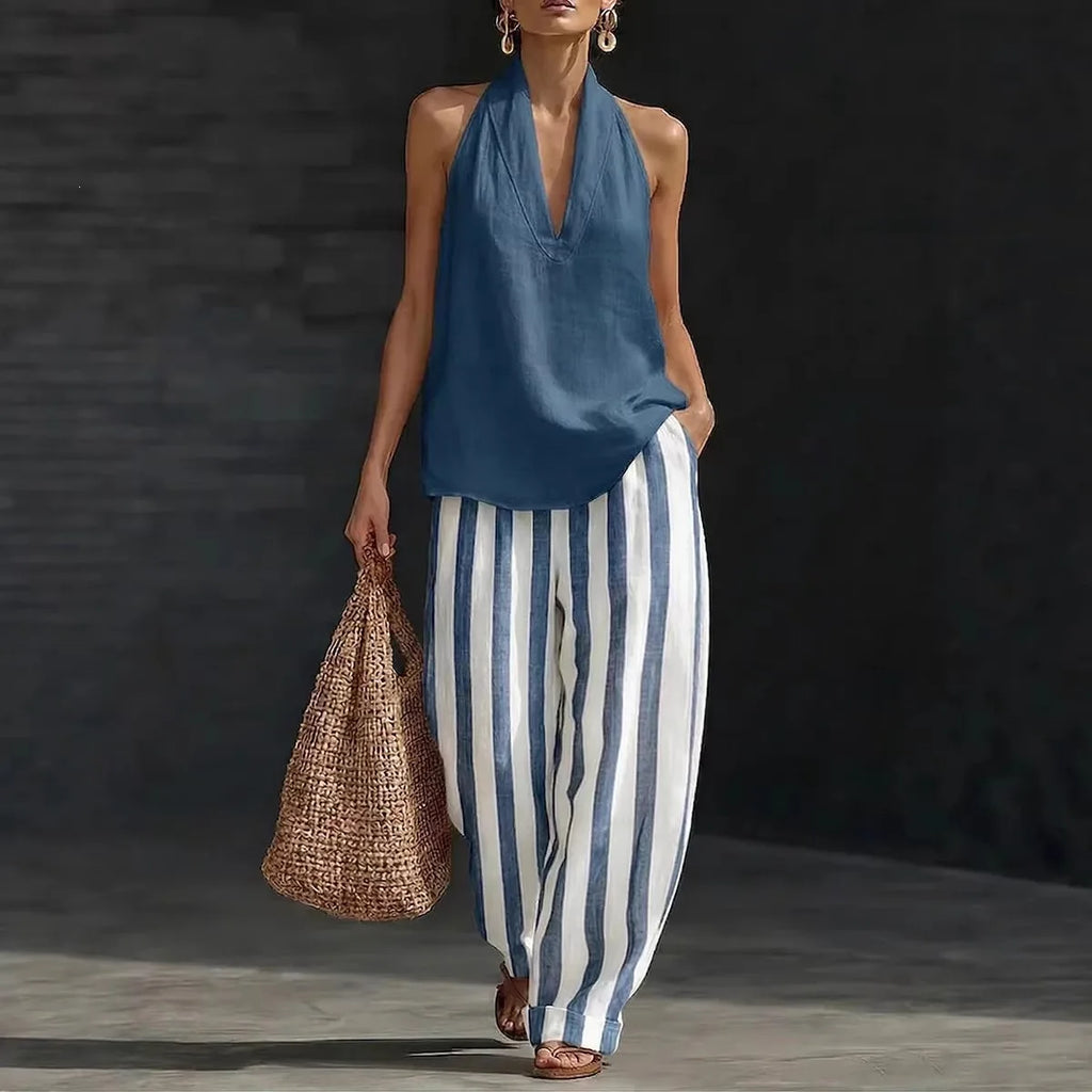 Women's Matching Set Linen Halter Tank Wide Leg Trousers Summer