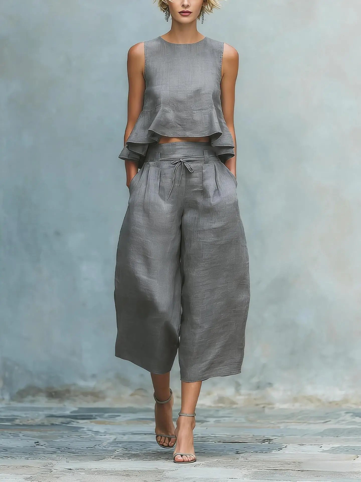 Women's crop top two-piece set | cotton linen wide leg pant suit