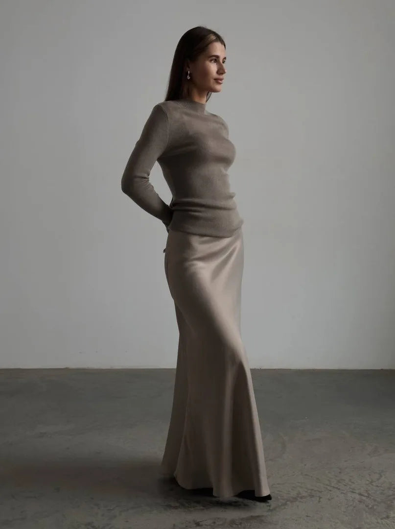 Women's satin maxi skirt — fishtail hem high waist — evening gala
