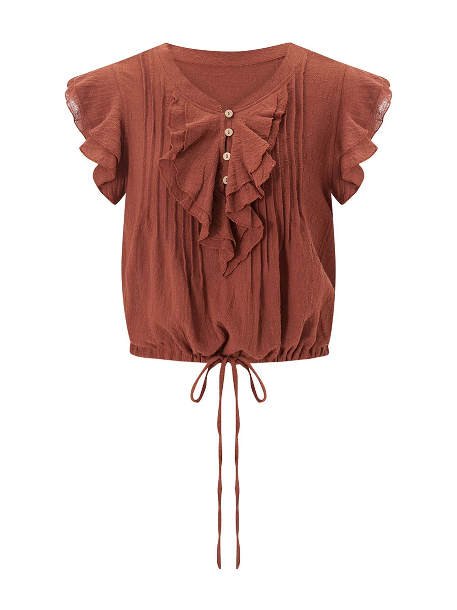 Women's crop top in cotton gauze with ruffle front — beach