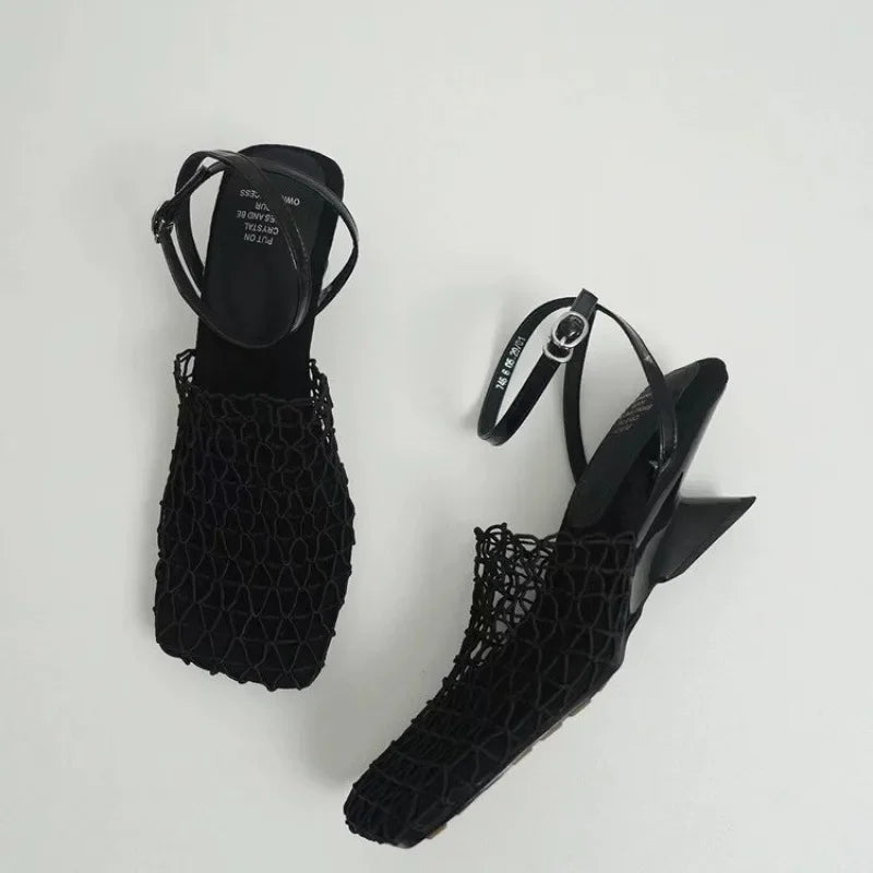 Square Toe Mesh Ankle Strap Heels