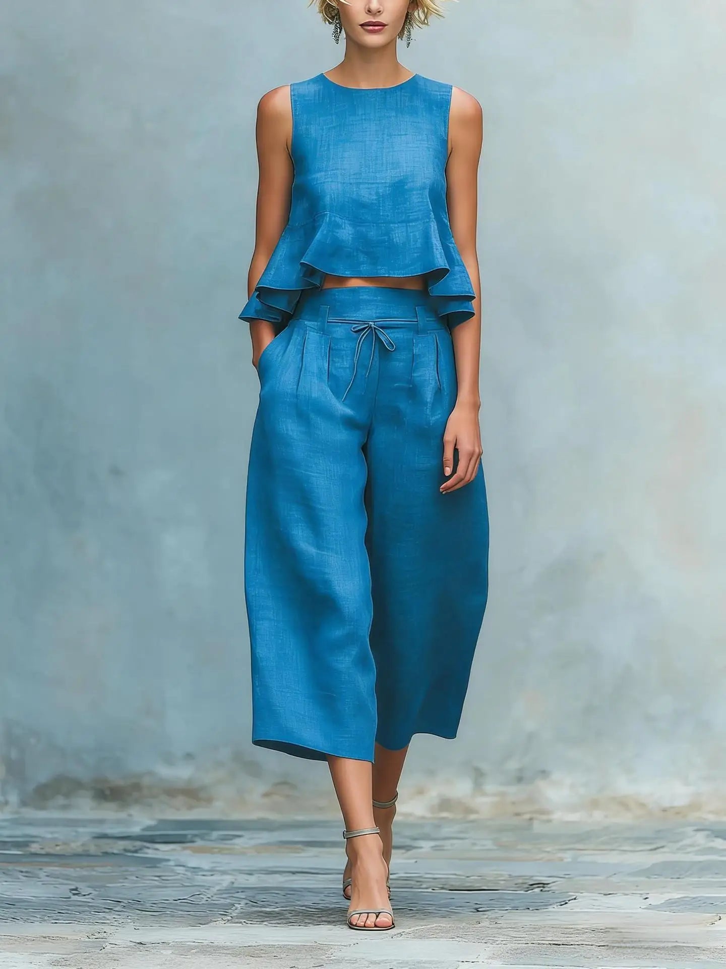Women's crop top two-piece set | cotton linen wide leg pant suit