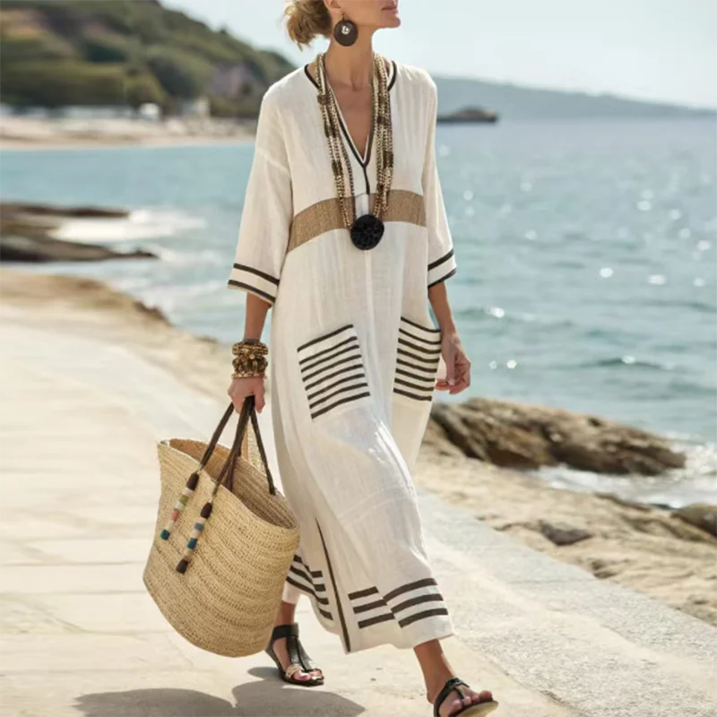 Women's kimono maxi dress with v-neck and pockets — beach