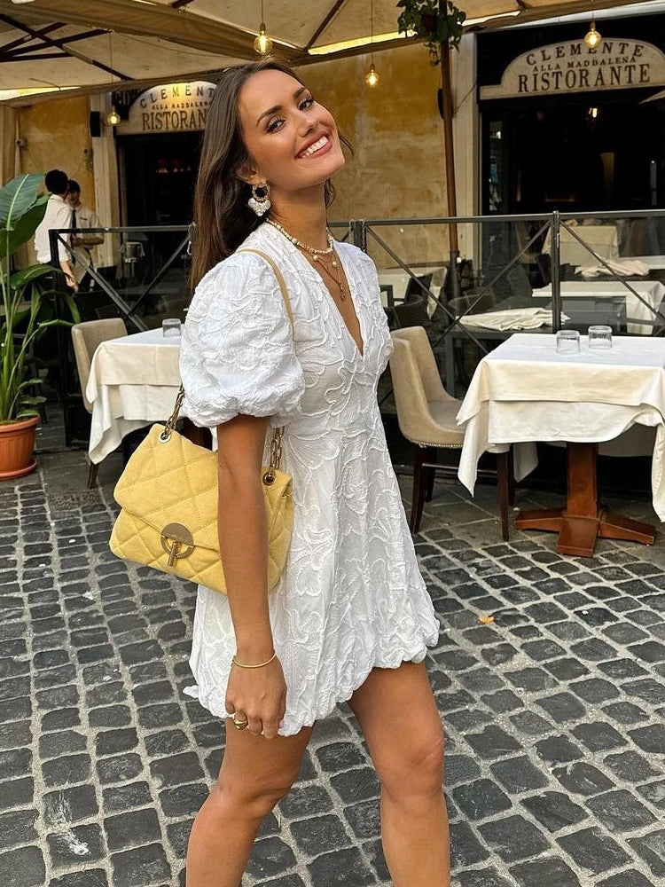 Embroidered Puff Sleeve Mini Dress Deep V-Neck Scalloped Hem Fit and Flare Mini Dress