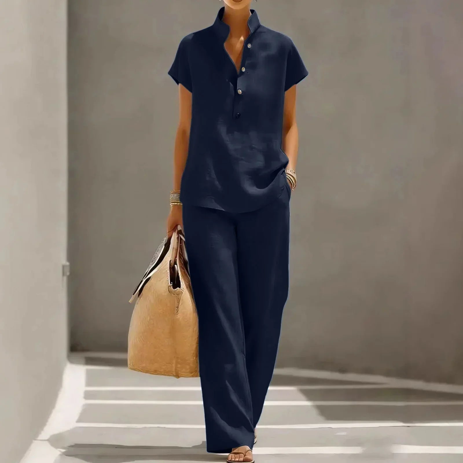 Women's two-piece set - linen cotton fabric - wide-leg pants summer