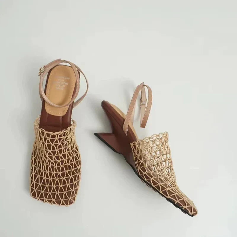Square Toe Mesh Ankle Strap Heels
