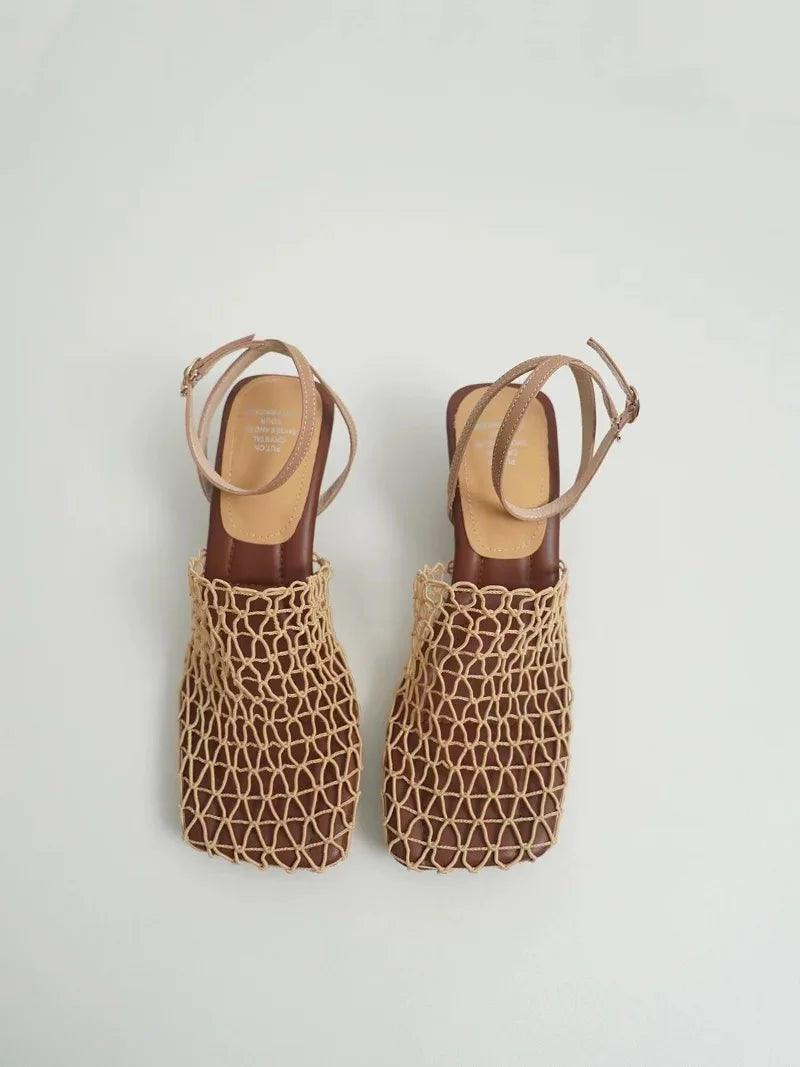 Square Toe Mesh Ankle Strap Heels