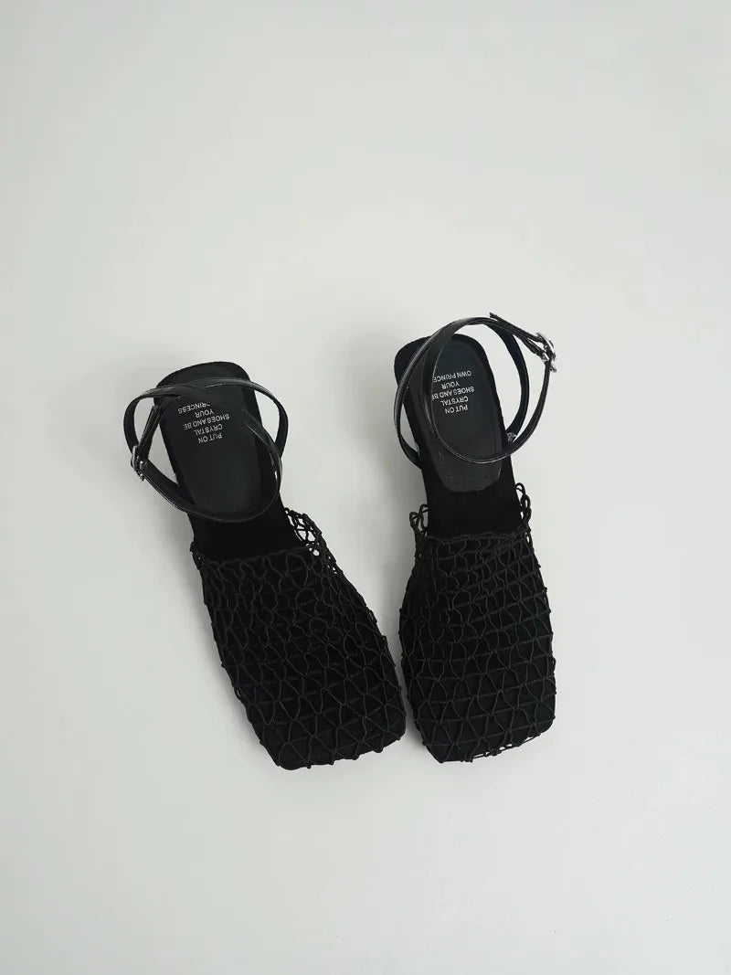 Square Toe Mesh Ankle Strap Heels