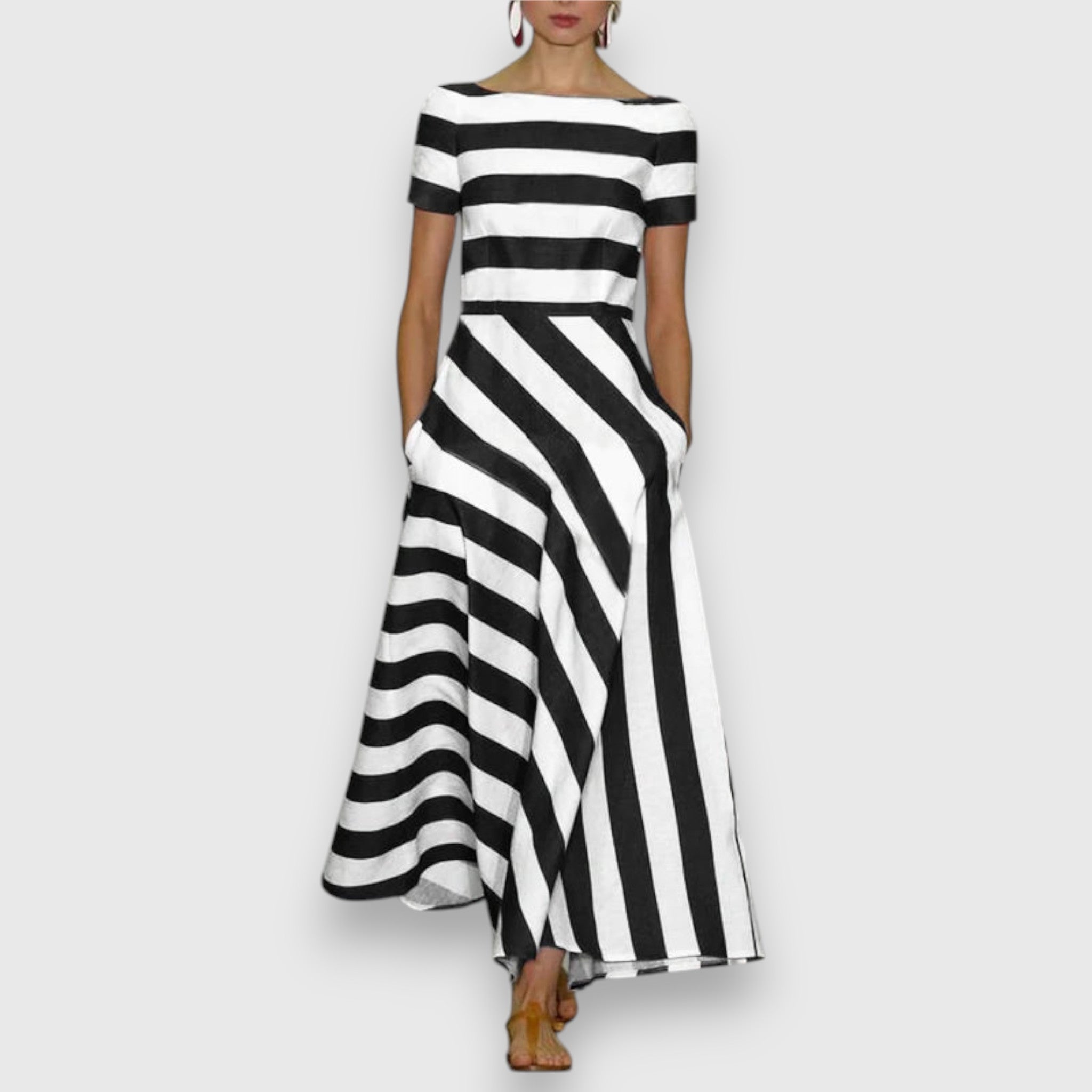 Women's striped boat neck dress — midi A-line dress with side pockets
