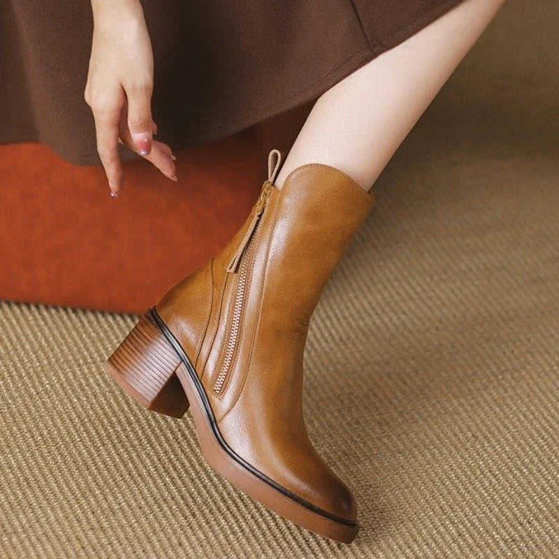 Women's Ankle Boots Leather High Heel Metal Zipper Shock Absorbing Sole Evening
