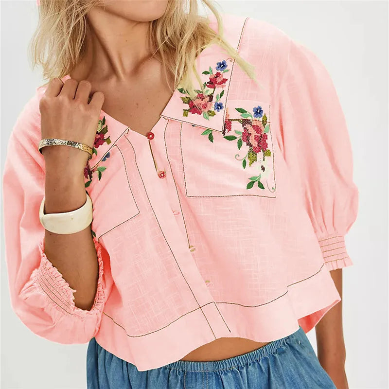 Crop top for women — linen cotton blend — floral embroidered — casual daily