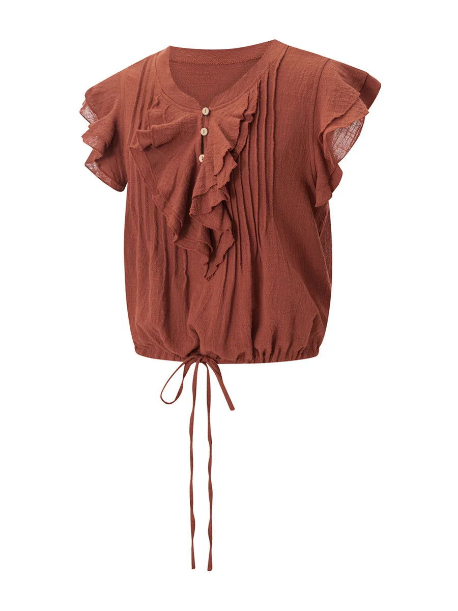 Women's crop top in cotton gauze with ruffle front — beach