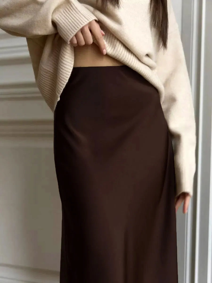 Women's satin maxi skirt — fishtail hem high waist — evening gala