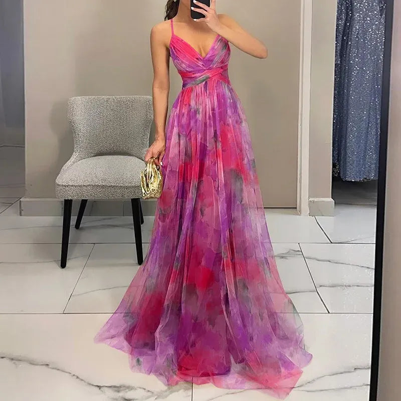 Floral Tulle Maxi Dress Sleeveless Flowy Wedding Guest Formal Dress