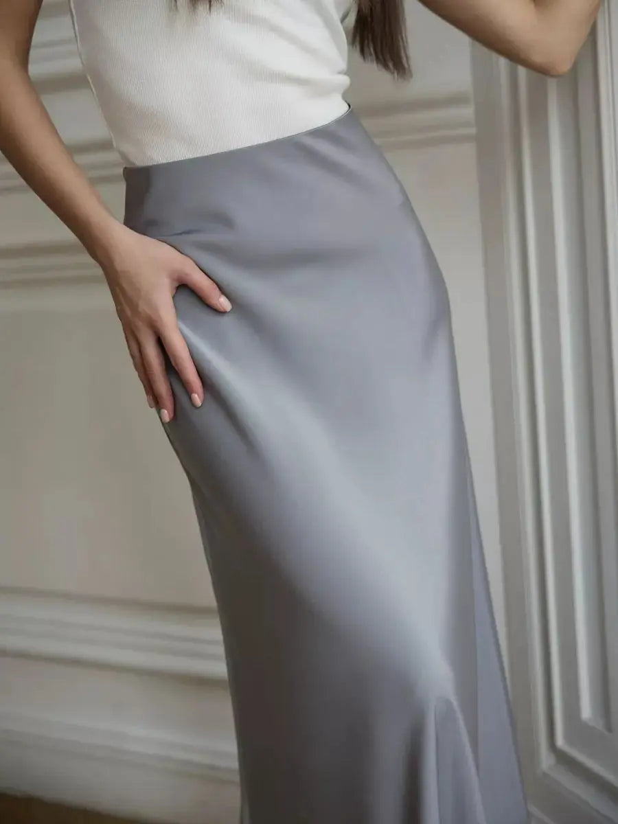 Women's satin maxi skirt — fishtail hem high waist — evening gala