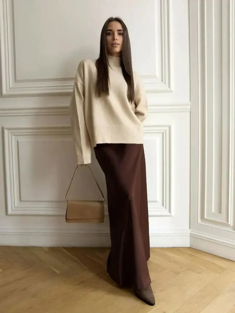 Women's satin maxi skirt — fishtail hem high waist — evening gala