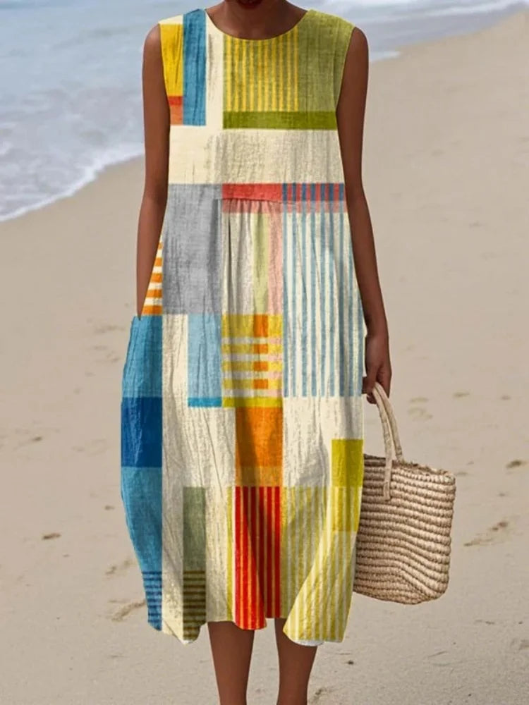 Sleeveless Midi Dress With Geometric Pattern