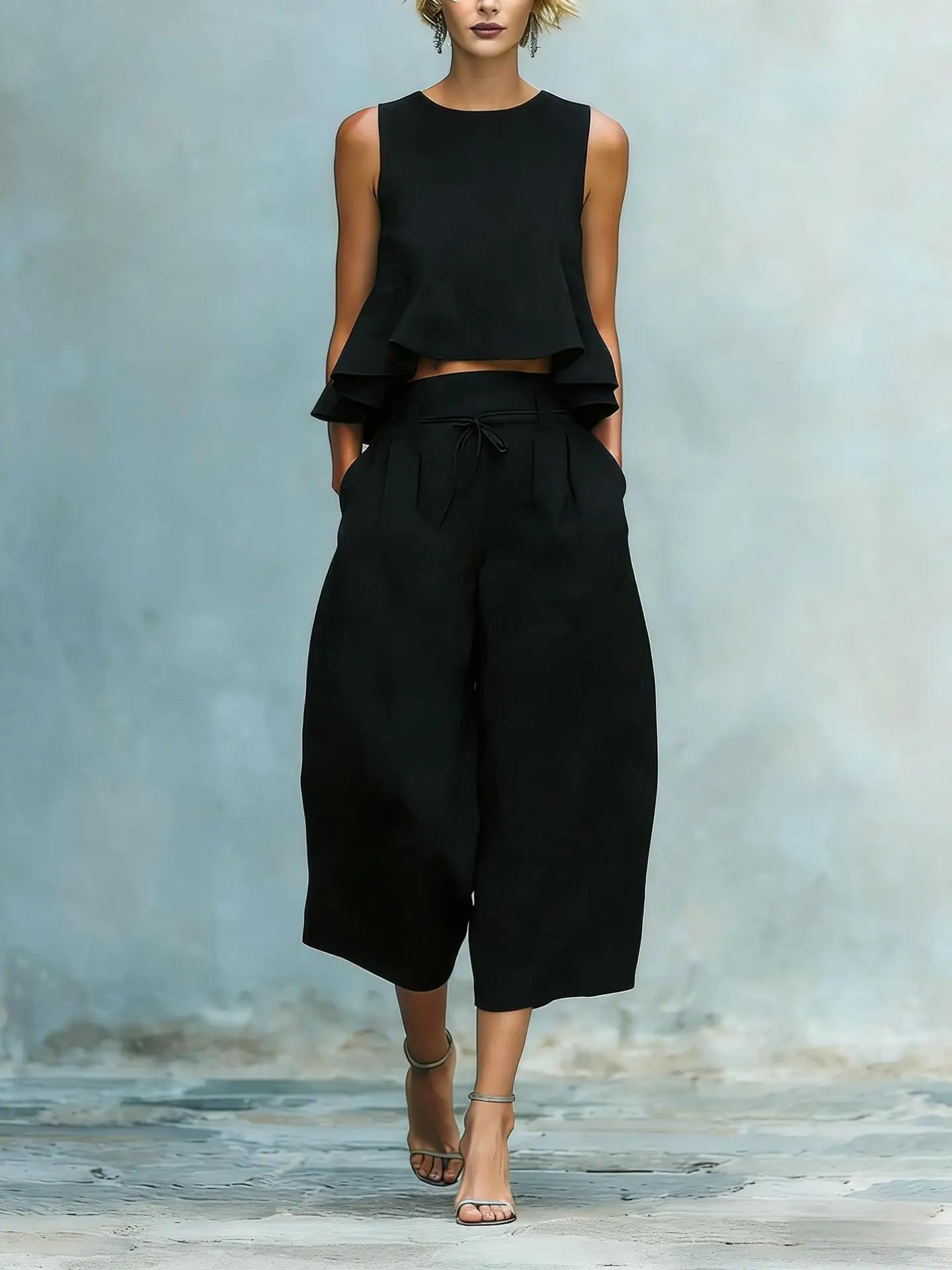 Women's crop top two-piece set | cotton linen wide leg pant suit