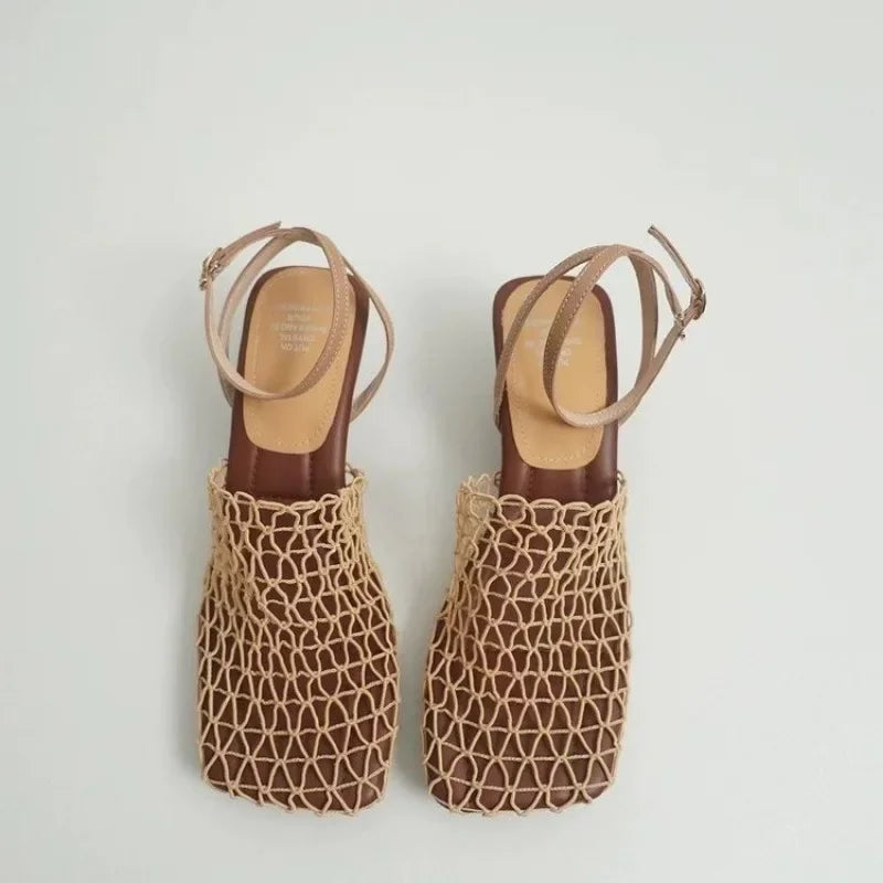Square Toe Mesh Ankle Strap Heels