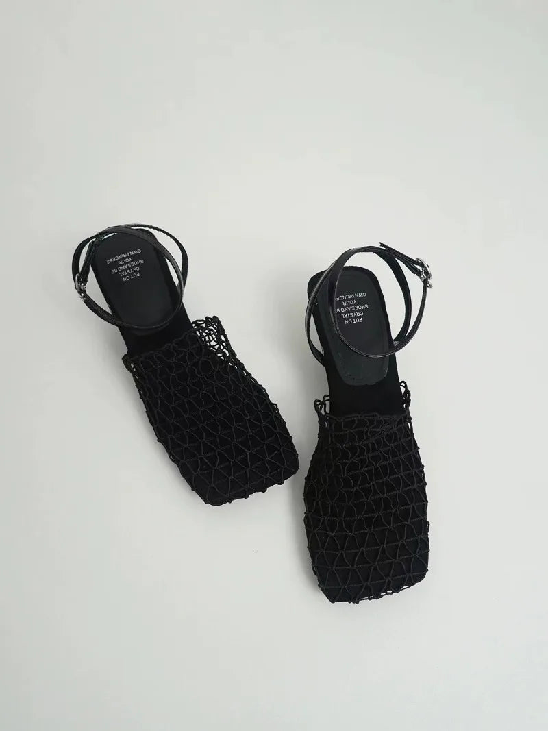 Square Toe Mesh Ankle Strap Heels