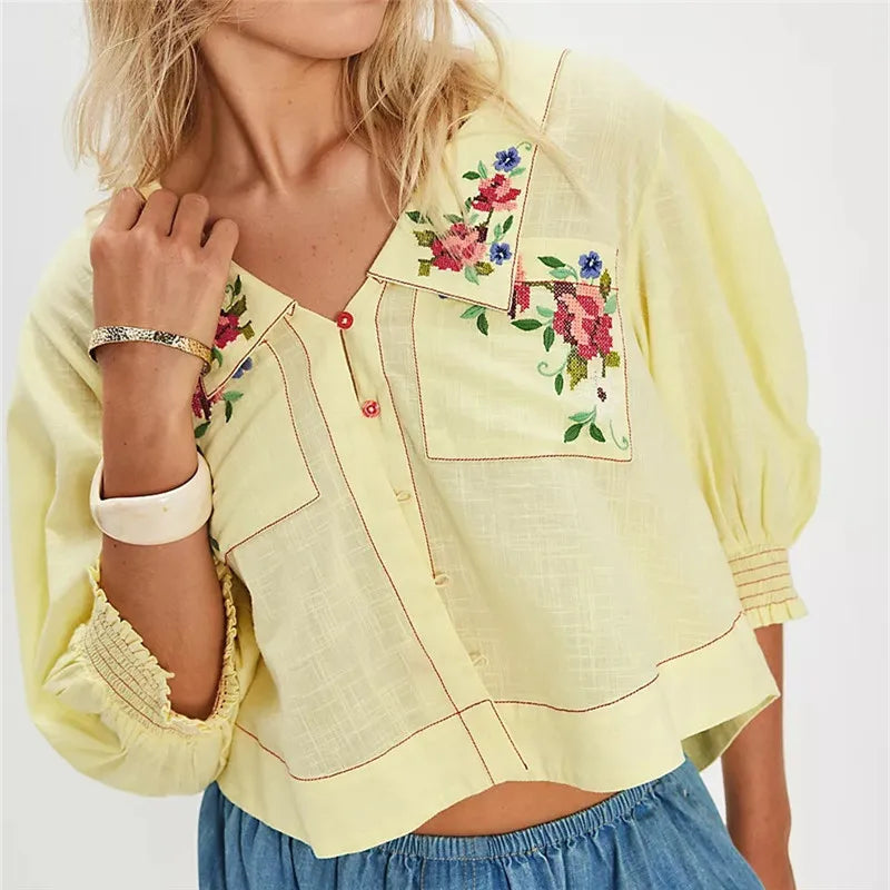 Crop top for women — linen cotton blend — floral embroidered — casual daily