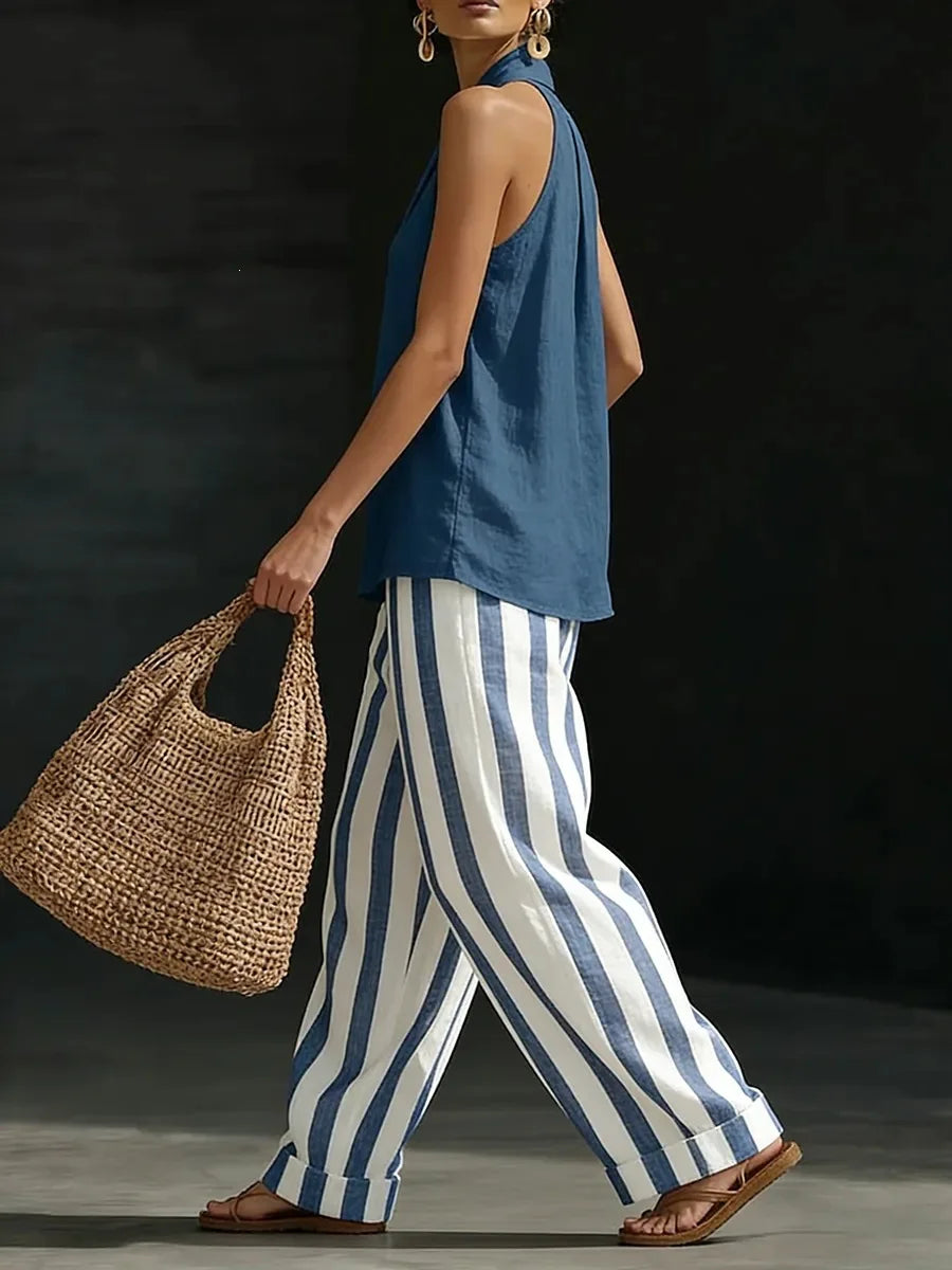 Women's Matching Set Linen Halter Tank Wide Leg Trousers Summer