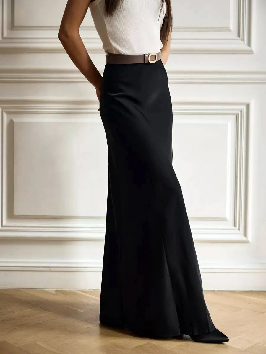 Women's satin maxi skirt — fishtail hem high waist — evening gala