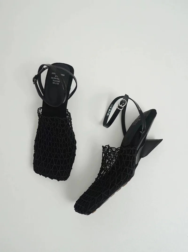 Square Toe Mesh Ankle Strap Heels