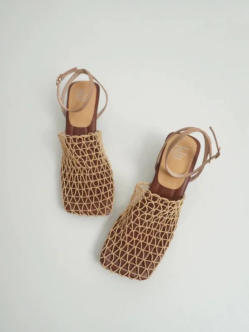 Square Toe Mesh Ankle Strap Heels