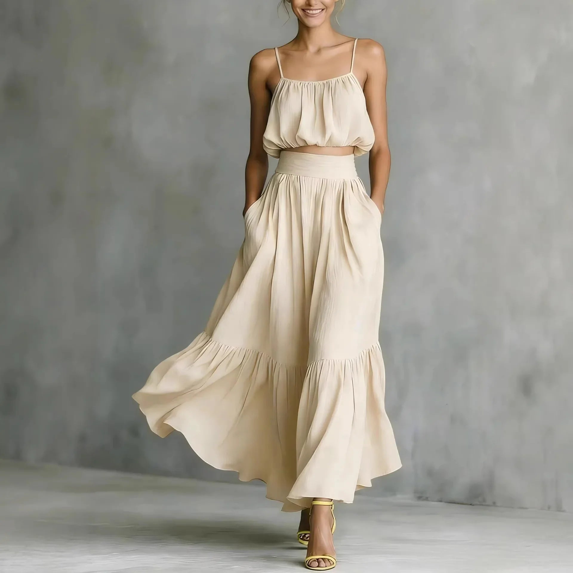 Women's spaghetti strap crop top and maxi skirt set — ruffle hem — beach holiday
