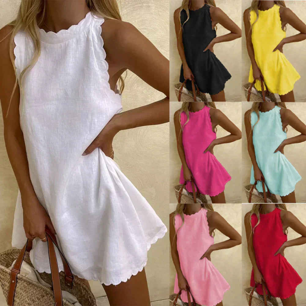 Sleeveless High-Neck Scalloped Mini Dress
