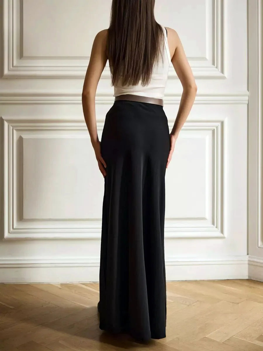 Women's satin maxi skirt — fishtail hem high waist — evening gala