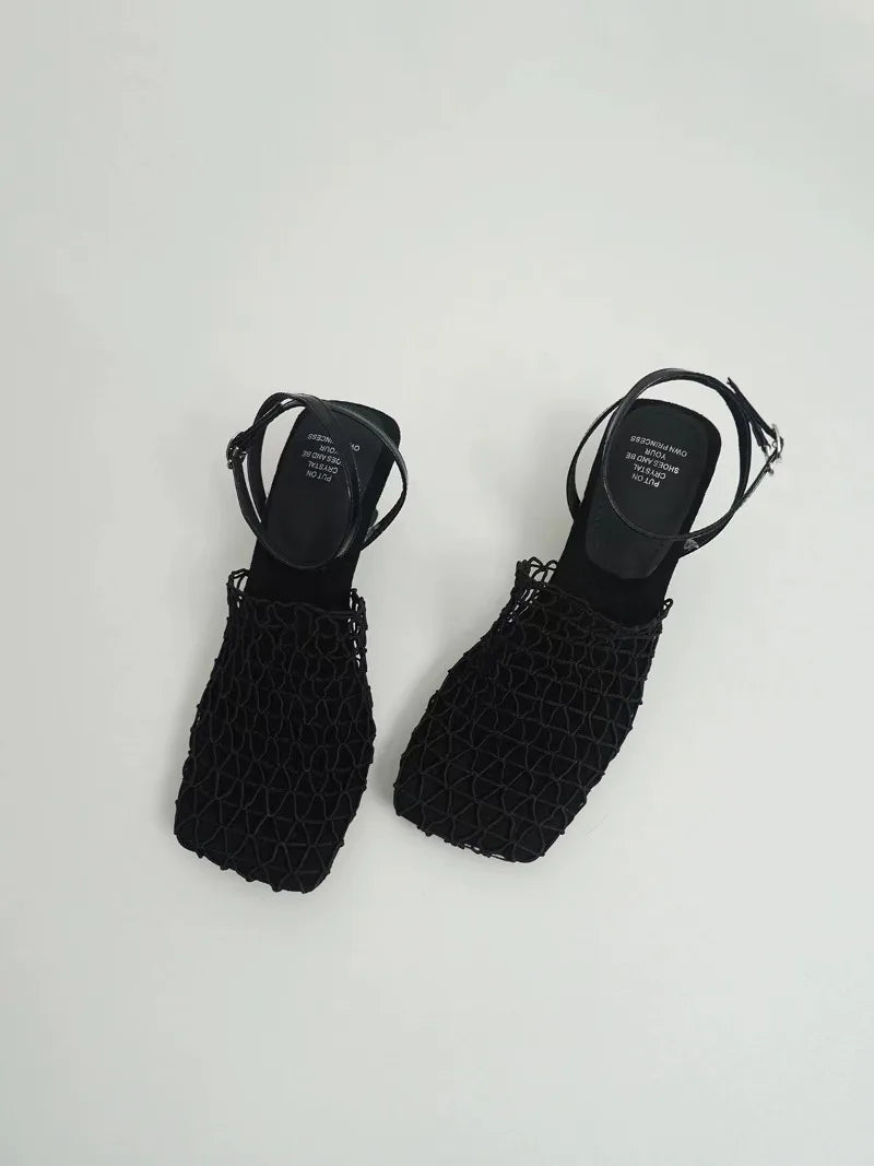 Square Toe Mesh Ankle Strap Heels