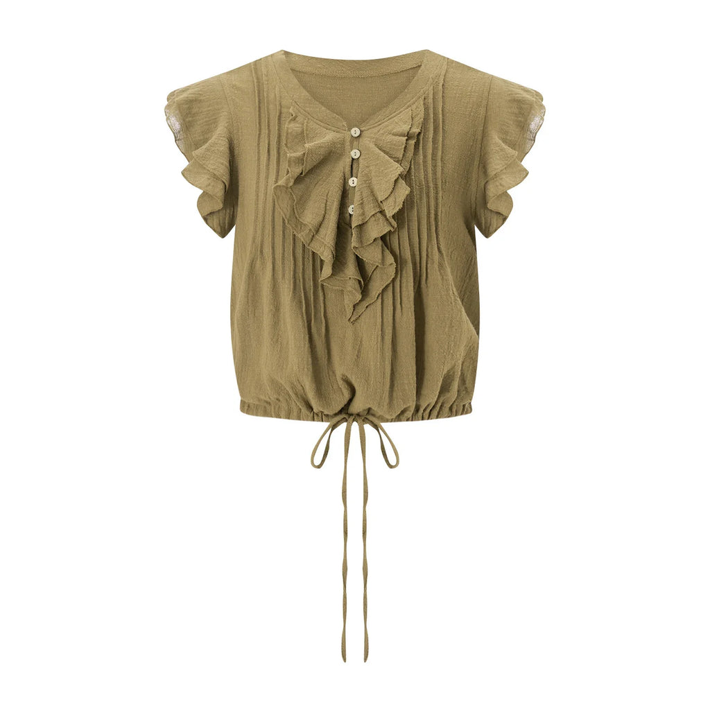 Women's crop top in cotton gauze with ruffle front — beach