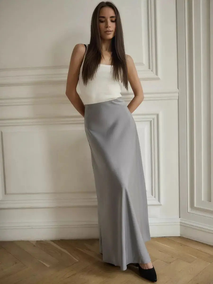 Women's satin maxi skirt — fishtail hem high waist — evening gala